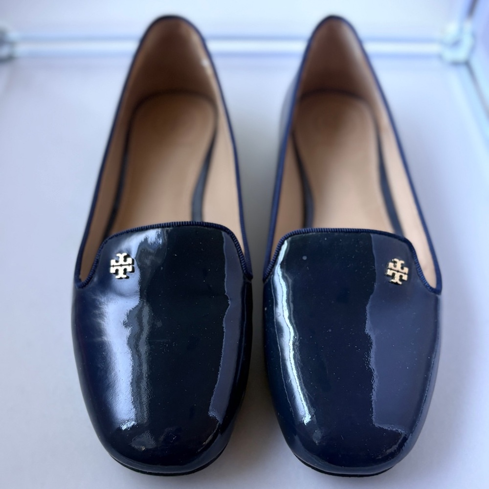 Tory Burch Navy Patent Leather Flats with Gold Logo
